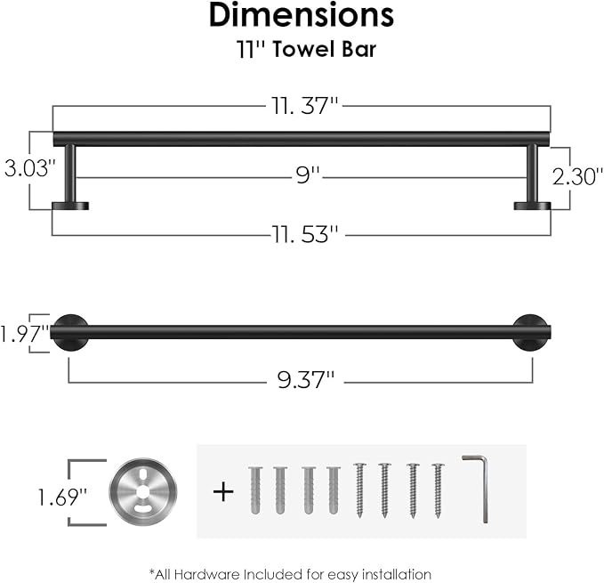 FORIOUS Towel Bar 9" Towel Racks for Bathroom Wall Mounted Matte Black | Total Length 11 Inch, Rustproof, Stainless Steel Towel Holder, Wall Mounted for Bathroom Bedroom, Heavy Duty, Space Saving