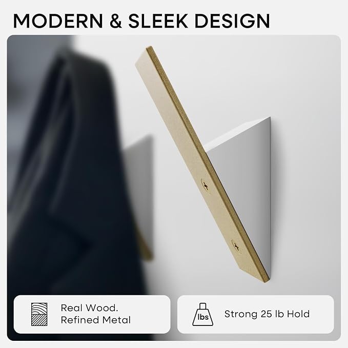 Gold Wall Coat Hooks, High End White Wood & Gold Metal Wall Mounted Clothing Hook, Mid-Century Modern Clothes Hooks, Heavy Duty Wooden Hook for Hanging Coats, Hats, Towels & More, Set of 2