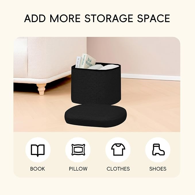 PINPLUS Storage Ottoman Boulce Tufted Oval Small Ottomans Bench Foot Rest with Storage 16.1"x12.2"x12.2" (Black)
