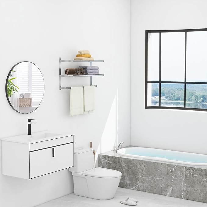 Bethom Bathroom Towel Rack with Bars, 24 Inch Towel Shelf, Brushed Nickel | 3-Tier Hotel Towel Racks for Bathroom Wall Mounted, Bath Towels Storage, Stainless Steel