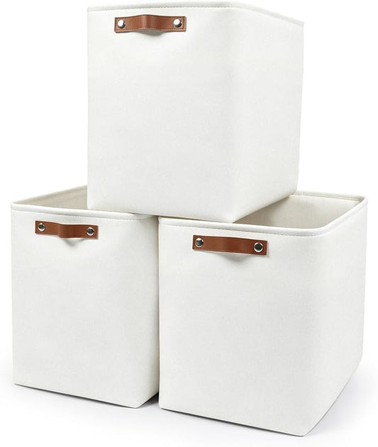 Bagnizer Large Fabric Storage Baskets | 50L Storage Bins, Decorative Linen Closet Baskets with Handles for Organizing, Shelf, Toys, Clothes, Home, Office, Nursery, 17x12x15Inches (White)