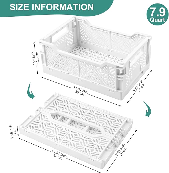 6 Pack Collapsible Storage Bins, White Plastic Crates for Storage with Label Slot,Stackable Plastic Storage Bins for Home Office Shelves Closet Kitchen,Space Saving for Daily Supplies（12.2"x8.3"x4.7")