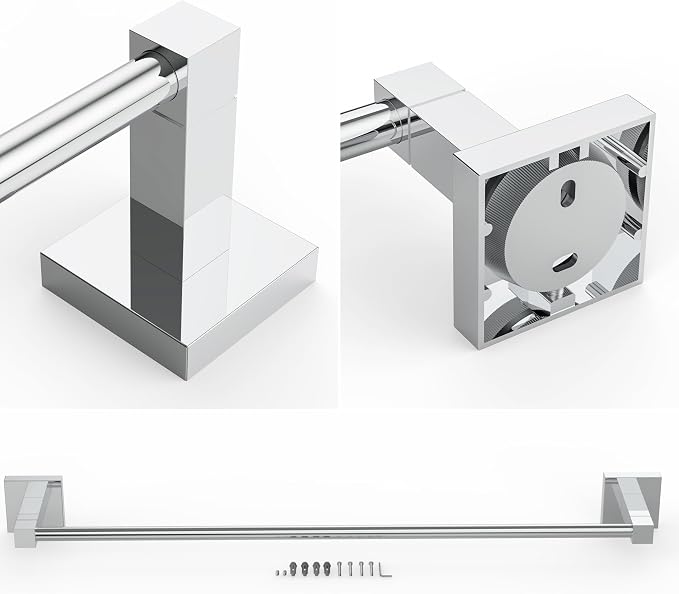RUACQ Towel Bar 24" Towel Racks for Bathroom Wall Mounted, Chrome | One-Piece Bath Towel Holder, Total Length 26 Inch Single Towel Rod, 304 Stainless Steel Rustproof, Square Base, Heavy Duty