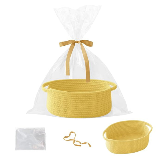 Woven Rope Basket - Baby Gift Basket with Bag & Ribbon, Yellow | Cotton rope with handle, 12 x 8 x 5 in, gift bag and ribbon, for baby shower, birthday, toy storage, nursery, shelf decor