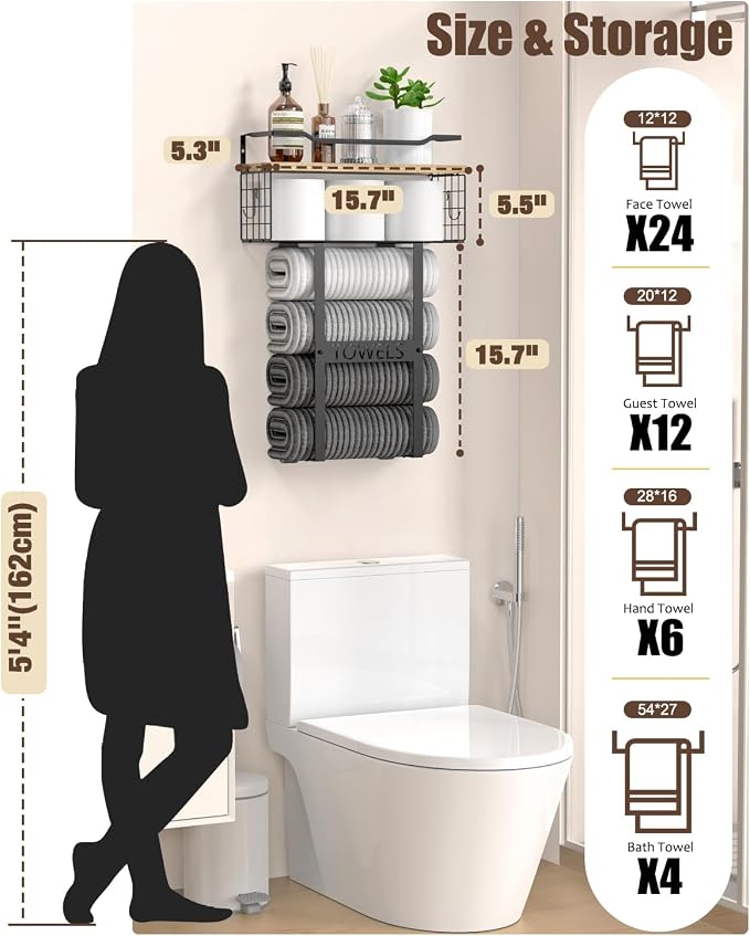 Towel Racks for Bathroom Wall Mounted - Bath Wall Towel Holder Set Above Toilet Storage, Rolled Towel Shelf Organizer for Small Bathroom, Wood Vertical Towel Rack for Bathroom Wall Decor