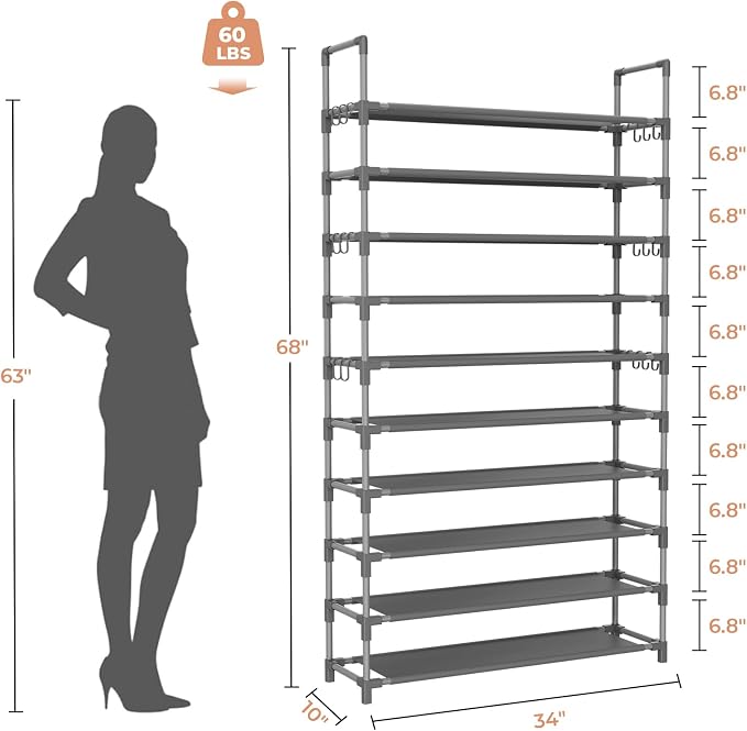 LANTEFUL Tall Shoe Rack 10 Tier Shoe Organizer Large Shoe Shelf with 18 Hooks Storage for 50 Pair Sneaker and Boot, Stackable Vertical Shoe Rack Organizer for Closet, Entryway, Bedroom, Grey