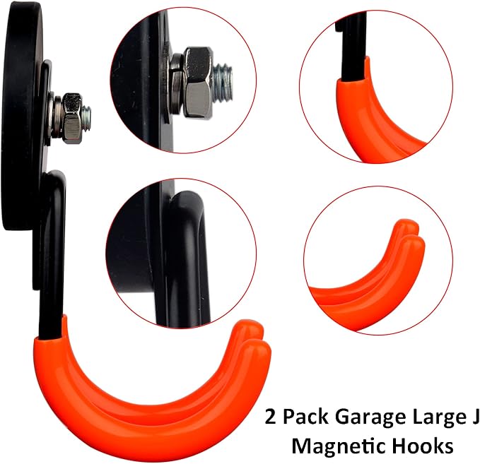 ULIBERMAGNET Garage Strong Magnetic Hooks, 2 Pack Heavy Duty Large J Hooks with Magnet, Anti-Slip Coating Magnet Hooks for Garden Tools, Ropes,Drill