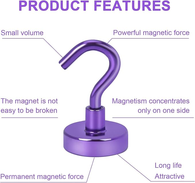 DIYMAG Magnetic Hooks 10pcs 30lbs Cruise Essentials 2026 Magnet Hook Purple | Neodymium Heavy Duty Strong Magnets Hanging Ship Cabins Refrigerator Fridge Classroom Beach Vacation Kitchen Grills Home Tool
