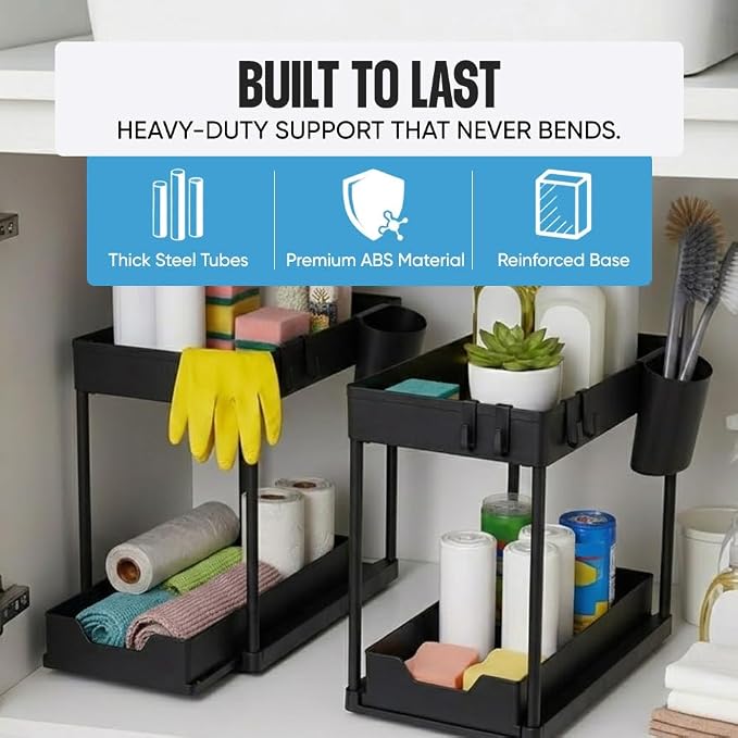 Undersink Organizer, 2-Tier Under Sink Storage Rack with Sliding Drawers for Kitchen Bathroom Cabinets, Pull Out Organizer for Pantry, Laundry Room & Closet Organization - 2 Pack, Black