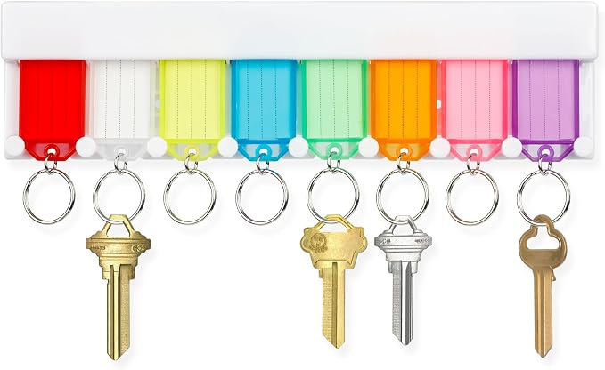 Uniclife Key Tag Rack, Slot Style Wall Mount Key Holder | Plastic Slot-Style Wall Rack Keeps Labeled Keys Organized with Transparent Tough Key Tag Identifiers in 8 Assorted Colors.