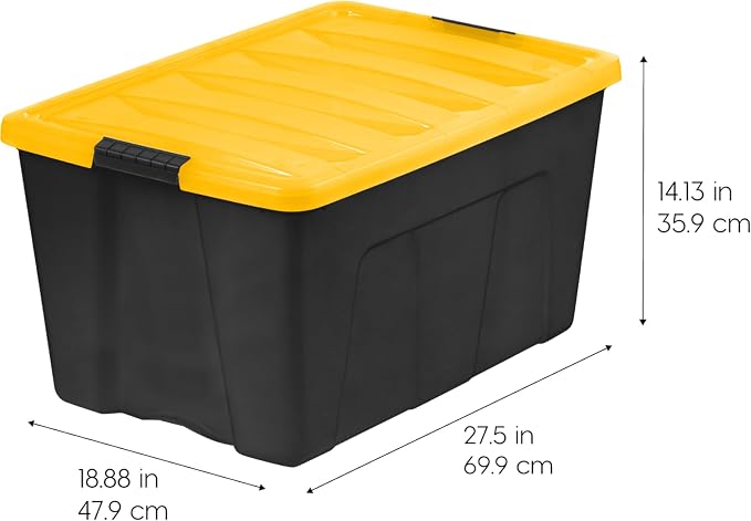 IRIS USA 4-Pack 94 Quart Storage Bins with Lids, Black/Yellow | Black finish conceals stored items. Ideal for holiday décor, bulky items, and long-term storage. Nestable design saves space