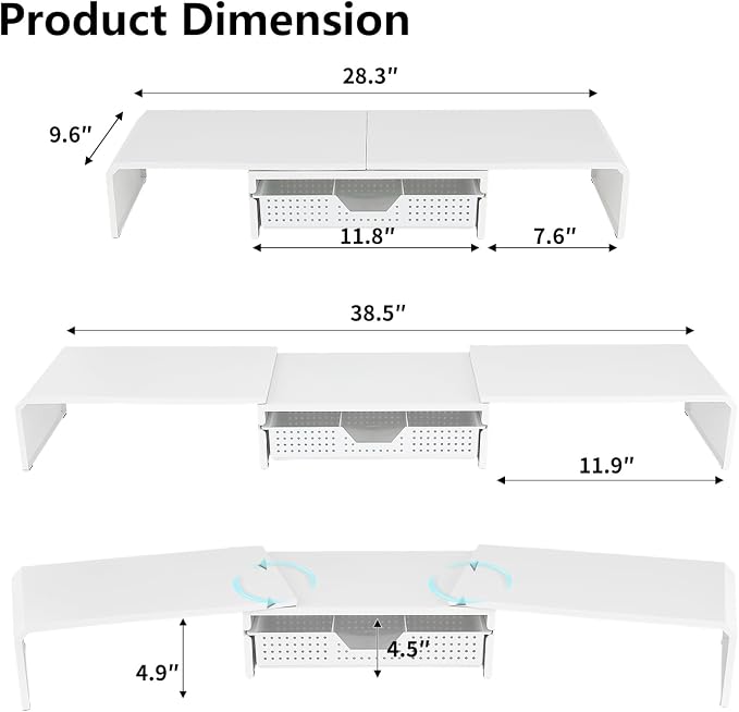 LEKETREE Dual Monitor Stand Riser with Drawer, Desk Organizer and Accessories, Metal Laptop Stand for Desk, Workspace Desktop Stand for Computer, Laptop, TV and More (White)