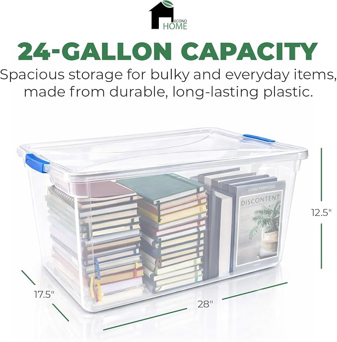 EconoHome Clear Storage Box - 95 Qt/24 Gallon Clear Plastic Storage Bins with Lids 4 Pack - Lidded Stackable Organizer Bins for Organization - Heavy-Duty Tote for Organizing at Home, Office, or Garage