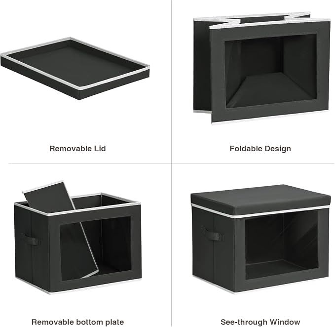 Homsorout Cube Storage Bins with Lids, Clear Window Storage Baskets for Organizing, Fabric Organizer Bins with Handle, Cloth Storage Bins for Shelves, Closet, Clothes, Towels, 4 Packs, Black