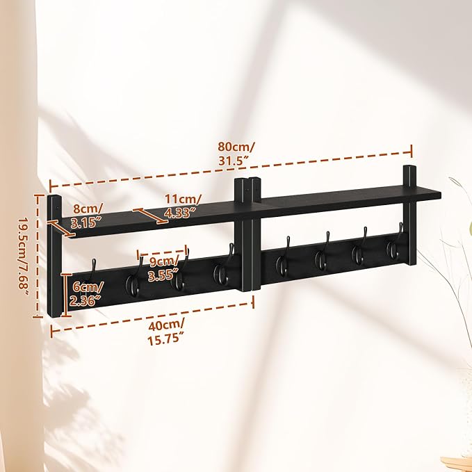 YMYNY Coat Rack Wall Mount with Shelf and Hooks, Black UHWS001B-2 | 2 Pack Wooden Wall Mounted Coat Hanger with Shelf and 8 Double Hooks, Wall Coat Rack for Entryway Hallway Bedroom Bathroom