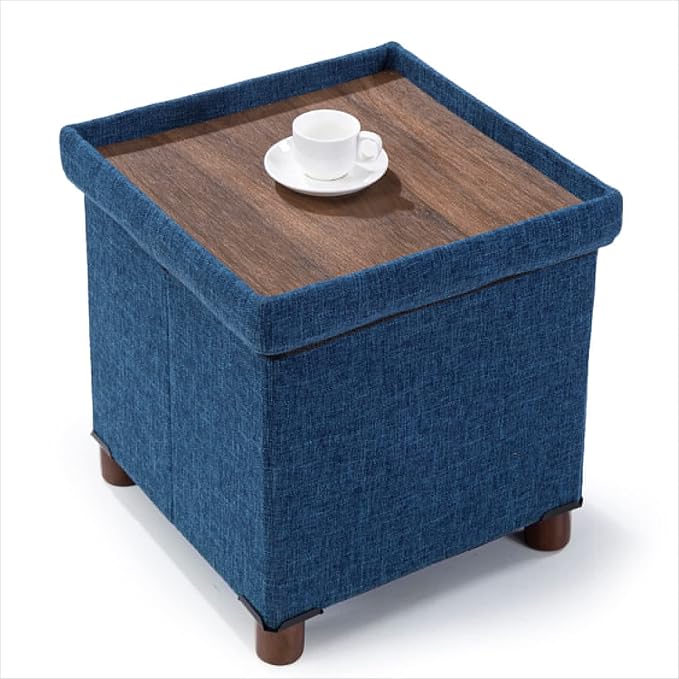 15 Inch Storage Ottoman with Wooden Legs - Cube Foot Rest Stool, Square Footstool, Comfortable Seat with Lid, Foldable Fabric Ottoman, Space-Saving Navy