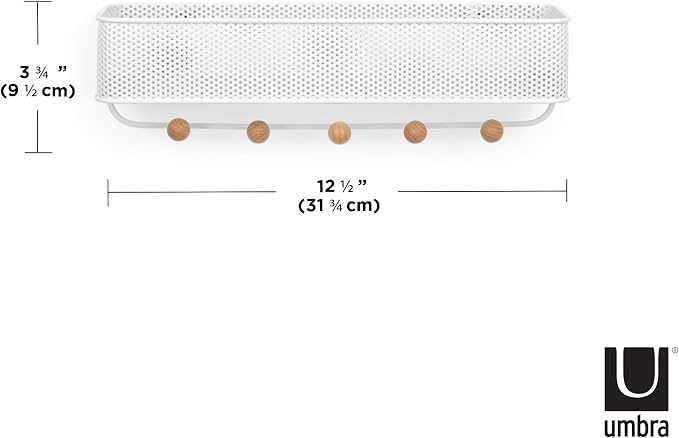 Umbra Estique Entryway Organizer, Wall Mount Key Holder, White/Natural | Steel construction, perforated mail bin, five wooden knob hooks, hidden mounting hardware, holds up to 5 lbs