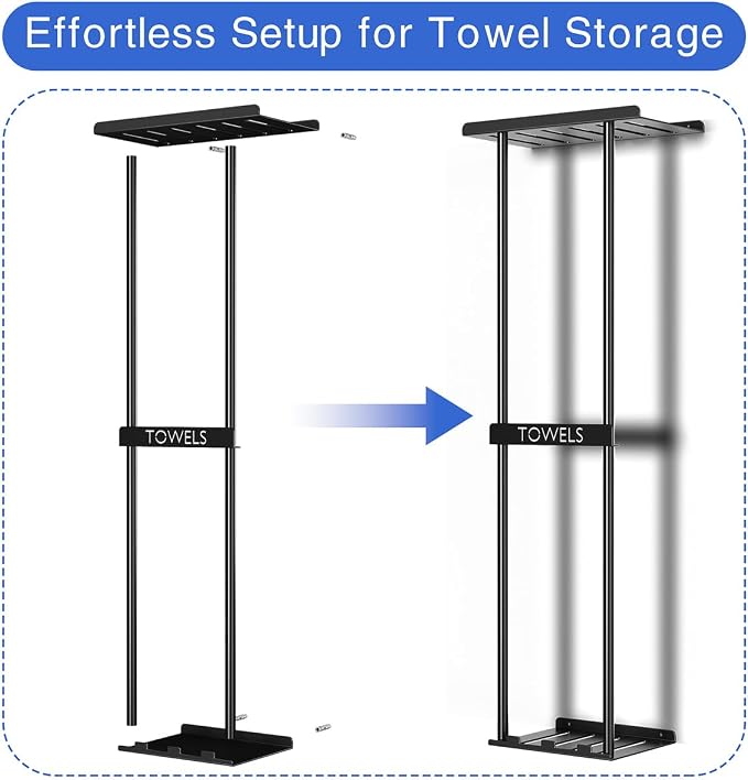 2-Tier Wall-Mounted Towel Rack with Hooks & Shelf, Black Metal Towel Holder for Small Bathrooms (Standard Version)