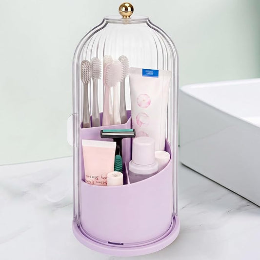 QIYVLOS Toothbrush Holders with Sliding Lid, Rotating 3 Slots Bathroom Organizer Countertop, Tooth Brush Toothpaste Holder Bathroom Counter Stand Sink Organizer for Makeup Brushes Holder (Purple)
