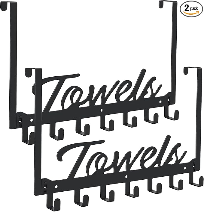 Azmoncy 2 Pack Over The Door Hooks, Towel Rack for Bathroom Towel Holder for Hanging Heavy Duty, Over Door Towel Hanger with 14 Coat Hooks for Bedroom Bathroom Kitchen Towels, Bags, Hats - Black