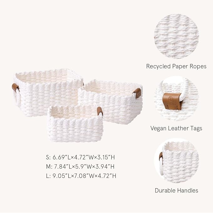 LA JOLIE MUSE Small Wicker Baskets for Organizing, White 3 Pack | Decorative Organizer with Vegan Leather Tag, Round Handle, Storage Baskets for Shelves, Bedroom, Kitchen, Office and Home