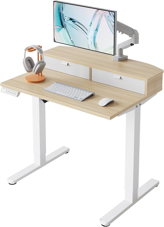 HUANUO 32" X 21" Electric Standing Desk with 2 Drawers, C-Clamp Mount Compatible, Height Adjustable Computer Desk, Home Office Stand Up Desk with 4 Preset Heights & 2 Hooks, Light Walnut