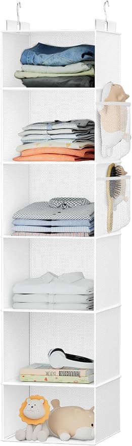 Hanging Closet Organizer and Storage with Bamboo Support, 6-Shelf Closet Hanging Storage Shelves, Closet Organizers Easy Mount Foldable for Bedroom