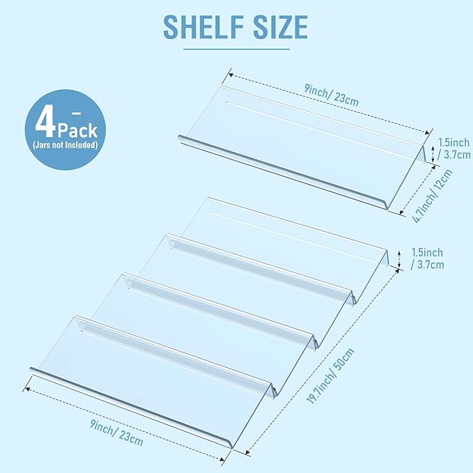 Spice Drawer Organizer 4 Tier, Acrylic Seasoning Organizer Rack, Small | Clear Spice Rack Tray, Kitchen Seasoning Jars Drawers Insert (Jars Not Included/ Expandable From 9" to 18")