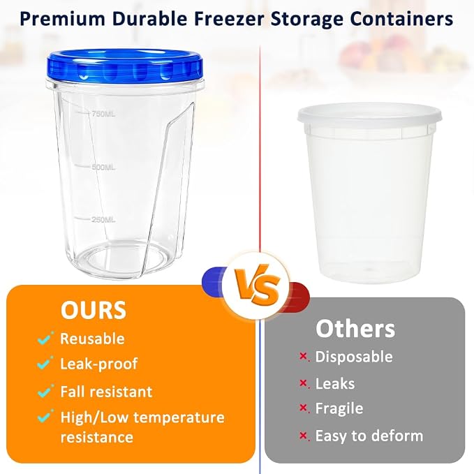 8 Pack 34oz Reusable Freezer Storage Containers with Twist Top Lids Airtight, Clear Plastic Soup Freezer Containers, Quart Food Storage Containers with Lids for Fruit Meal Prep Leftover Lunch Salad