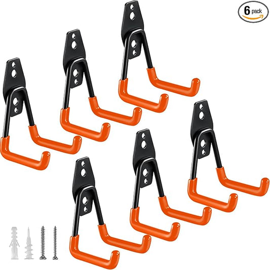 HUPBIPY Heavy Duty Garage Hooks 6 Pack, 2.8 inch Small U Shaped Hanger, Wall Mounted Storage System, Power and Garden Tool Organizer, for Hanging Ladders, Hose, Bulk Items and More