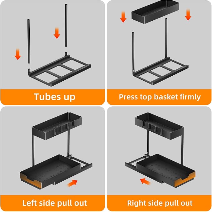 Simple Trending Under Sink Organizer 2 Pack, 2 Tier with Sliding Basket | Multi-Use Cabinet Organizer for Kitchen & Bathroom, Sink Storage Basket with 4 Hooks, L-shape, Easy Assembly, Black