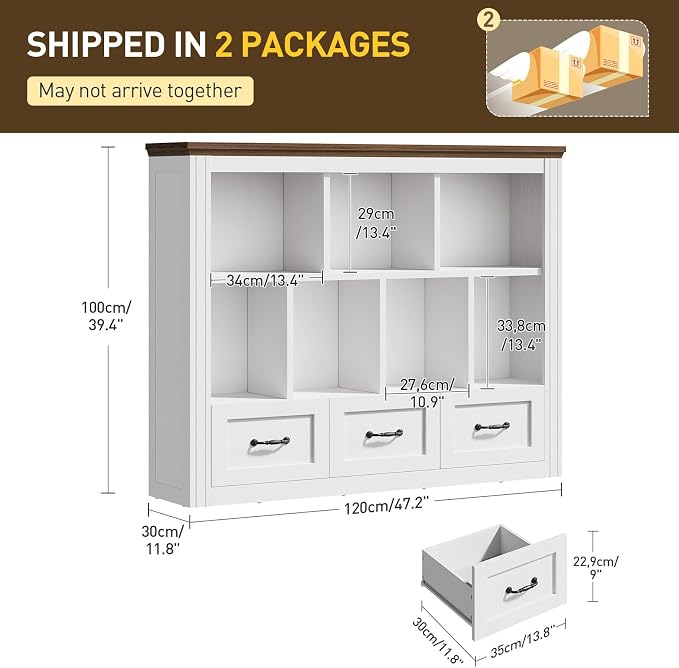 10 Cube Bookshelf Set of 2, Wooden Cubby Storage Organizer, Farmhouse Short Bookcase, Cube Shelf Bookcase with 3 Drawers, 3 Tiers Floorstanding Open Bookshelf, White and Walnut