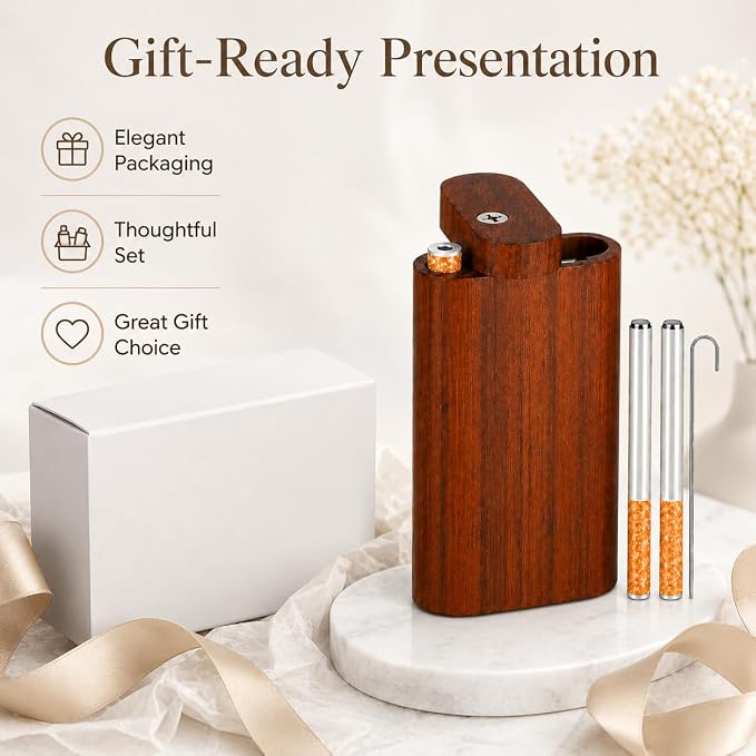 𝗢𝗻𝗲 𝗛𝗶𝘁𝘁𝗲𝗿 𝗣𝗶𝗽𝗲 Wood Storage Box Organizer Complete Set with 2 Metal Tubes and Cleaning Tool - Decorative Boxes for Crafts, Sewing, Keepsake,for Home Office Storage.