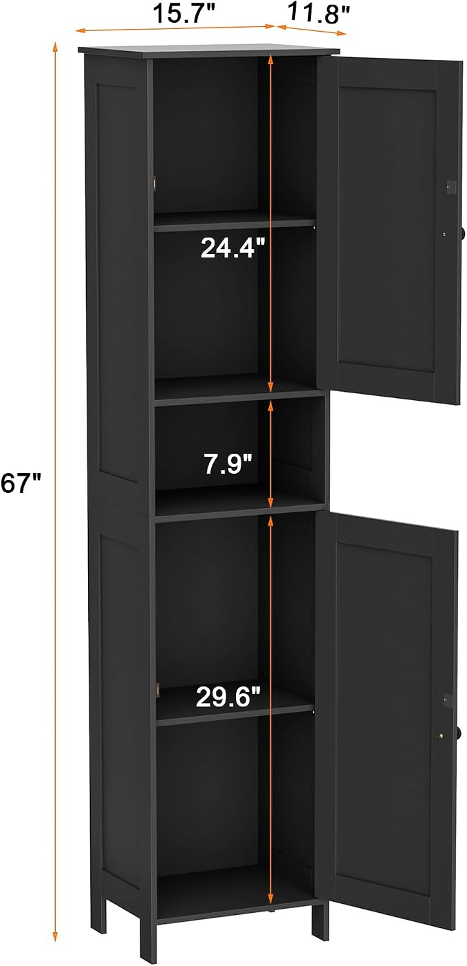 Homleke Tall Bathroom Storage Cabinet with 2 Doors, Slim Bathroom Cabinet | Narrow Storage Cabinet with Adjustable Shelves, Anti-Tip Design, Reversible Door, Easy Assembly, Black, 15.7''W