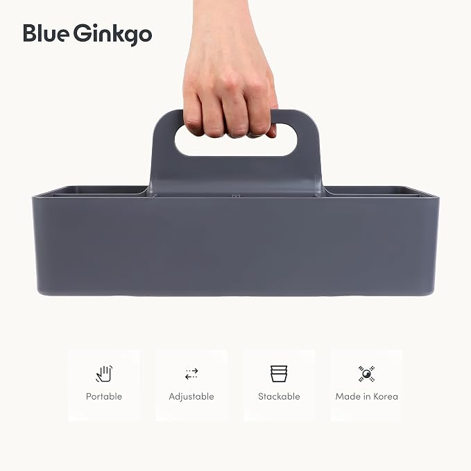 BLUE GINKGO Stackable Organizer Caddy, Long, Grey, Made in Korea | Portable. Adjustable. Home, Office & School Storage.
