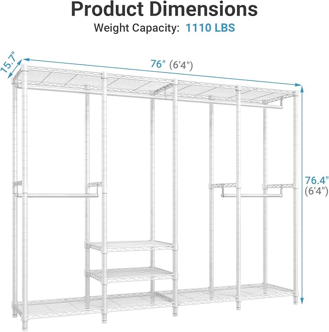 VIPEK V40 Heavy Duty Clothes Rack, Modular Closet System Clothing Rack | 76 inch Adjustable Open Clothing Storage System with 6 Shelves & 4 Hang Rods for Bedroom/Reach-in Closet, White