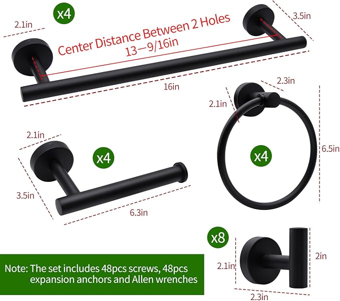 20pcs Bathroom Hardware Set, Matte Black Bathroom Hardware Set, Including 16" Hand Towel Bars, Toilet Paper Holders, Towel Rings, Robe Towel Hooks | Including 16" Hand Towel Bars, Toilet Paper Holders, Towel Rings, Robe Towel Hooks