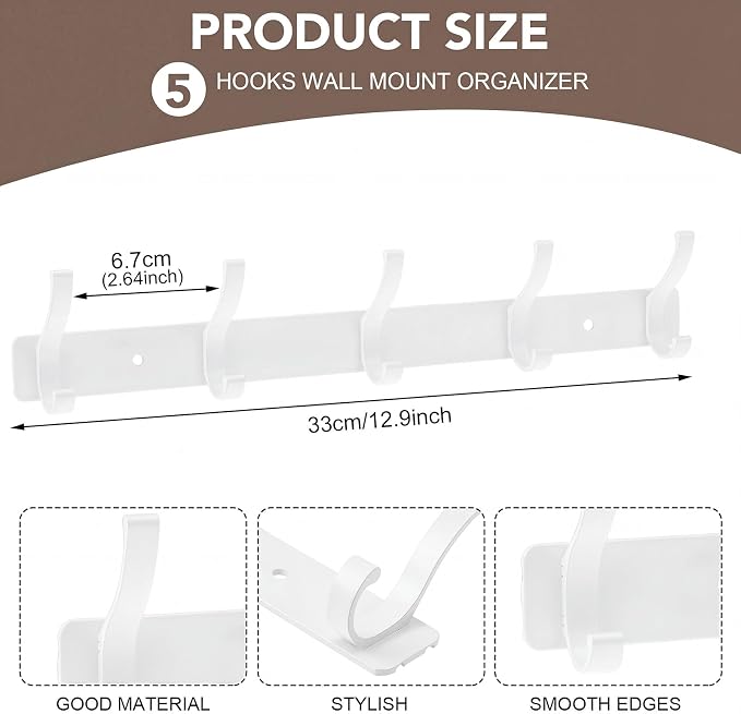 Wall Mount Coat Rack 2 Pack, White Coat Hooks Hanger with 5 Double Hooks | Zinc Alloy, Smooth Hook Edges, Screw Installation, Double Hooks，Greater Storage Space for Hanging Robes, Clothes, Bags, Hat