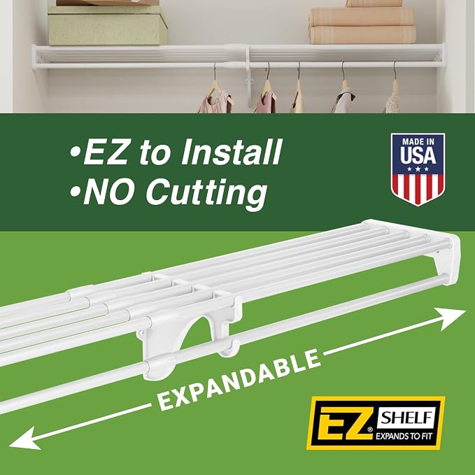 Hanging Shelf - Closet Rod - Expands 17.5-27” - White, Closet Shelves - Strong, Holds 200 lbs - DIY, Easy Install - to 2 Side Walls - Alternative to Wire Shelving