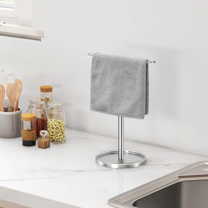 STWWO Hand Towel Holder, Stainless Steel Towel Holder Stand for Bathroom, Kitchen Countertop, T-Shaped Hand Towel Rack Stand, Brushed Nickel