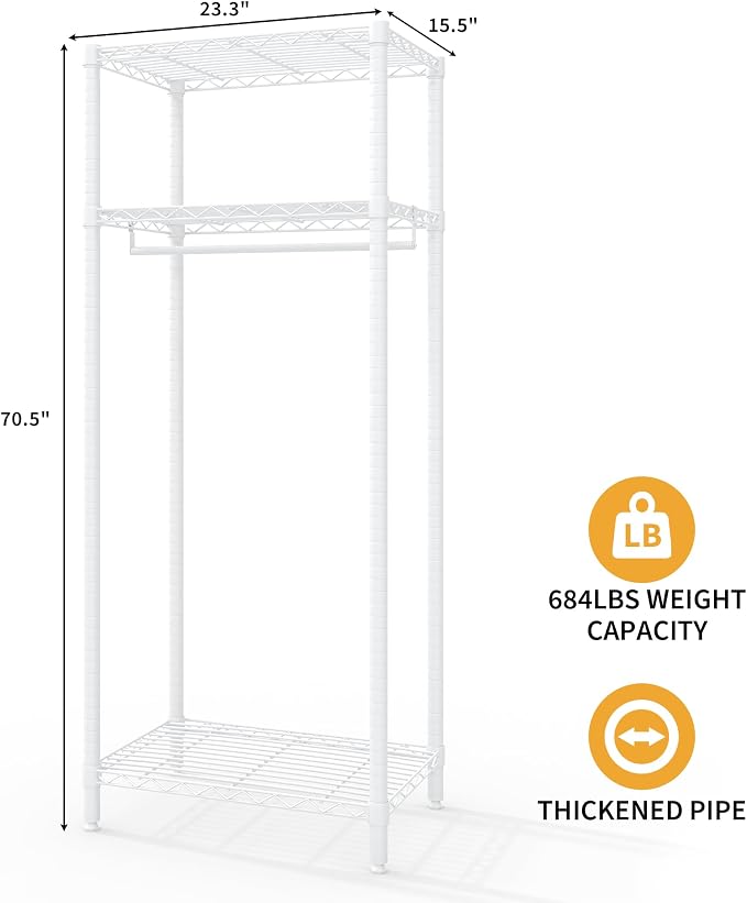 Clothes Rack, Heavy Duty Clothing Racks with Adjustable Shelves, Freestanding Metal Closet for Hanging Clothes, Portable Garment Rack for Bedroom Laundry Room Dorm, 23.6"W x 15.7"D x 70.8"H, White