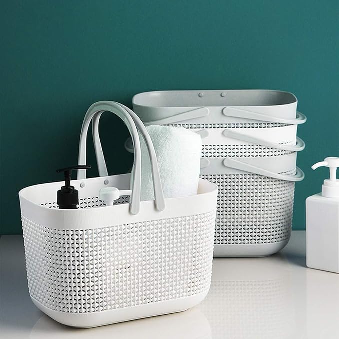 Plastic Portable Shower Caddy Basket, Storage Organizer, White, 2 Pack | Bottom Drain Holes, Keep Dry, Sturdy and Durable, Easy to Carry for Bathroom, Kitchen, Dorm Room, RV, College