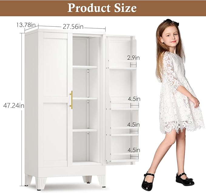 GAIOUS Metal Kitchen Pantry Cabinet, Storage Cabinets with 2 Door and 3 Adjustable Shelves, White Freestanding Food Storage Cabinet, Steel Cupboard for Kitchen Dinning Room