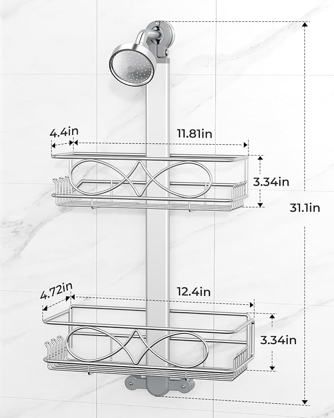 ODesign 2 Tier Aluminum Shower Caddy Rustproof Hanging Adjustable Silver | Shower organizer hanging,no drilling required,comes with removable hook and storage box, suitable for indoor showers