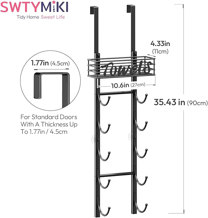 SWTYMIKI Hanging Towel Racks for Bathroom - 6 Tier Over The Door & Wall Mounted Bath Rolled Towel Storage Organizer Holder for Small Bathroom, RV, Camper, Black (Patented)