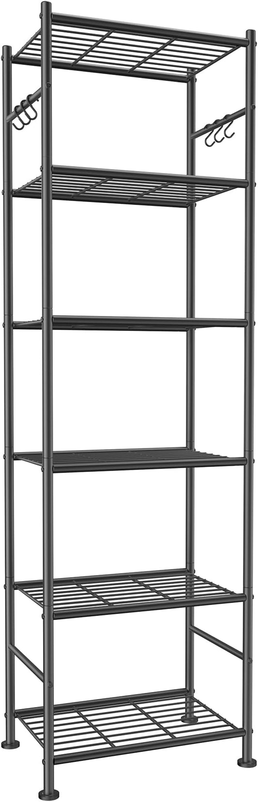 Sakugi Storage Shelves - 6-Tier Large Capacity Shelf Organizer with Hooks, Heavy-Duty Garage Shelving with Leveling Feet, Wobble-Free Rack for Bedroom, Balcony, Garage, 18.1"×12.4"×70.1", Black