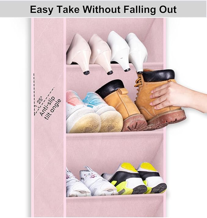 SLEEPING LAMB Over The Door Shoe Organizer for Closet with Large Deep Pockets, Narrow Shoe Rack for Door Hanging Boots Storage, Pink