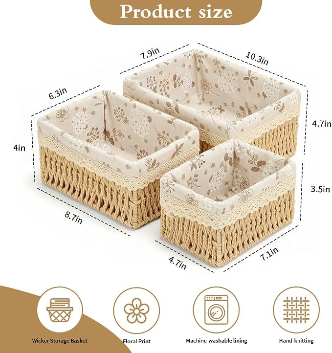 Small Wicker Basket 3-Piece Set: Handwoven Natural Paper Rope Storage Baskets for Organization, Storage, and Home Decor (Lined)