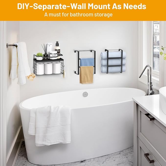 Towel Racks for Bathroom Black, 34IN Rolled Towel Holder, Towel Rack Wall Mounted with 2 Pack Shelf and a Wire Basket, Bathroom Towel Storage and Organizer, Sturdy Metal & Wood