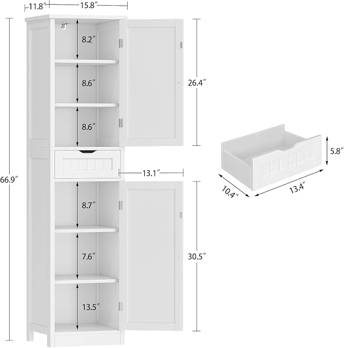 67" H Tall Bathroom Cabinet with 2 Doors & 1 Drawer, Narrow Bathroom Storage Cabinet with Adjustable Shelves, for Living Room, Entryway, Kitchen, White
